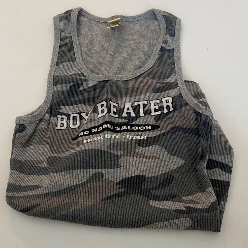 Gray camo rib, sports top boy beater message